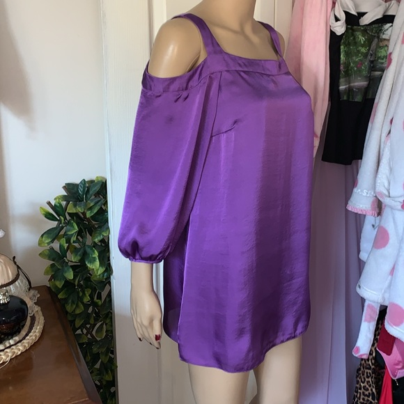 Purple cold shoulder silky draped tunic babydoll top S M - Picture 2 of 8